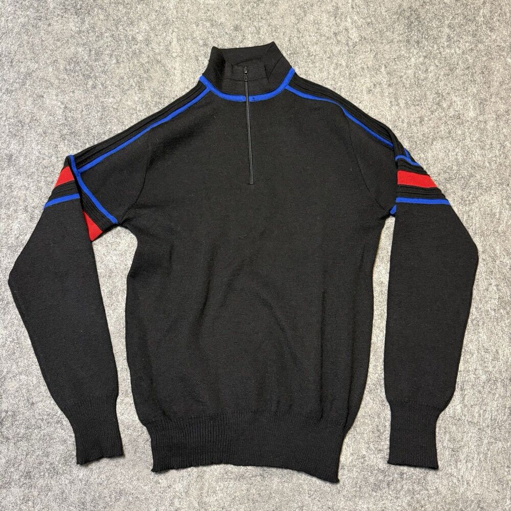 Vintage 80s Meister Mens 1/4 Zip Wool Sweater Size M Black Striped Stretch